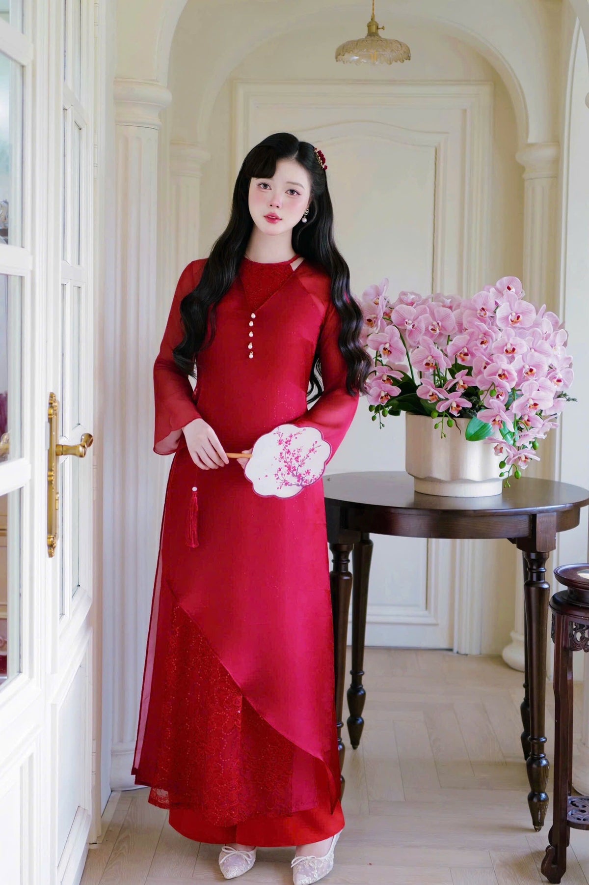 Red Lace Sparkle Yem-Inspired Ao Dai Top with Coverup, No Pants