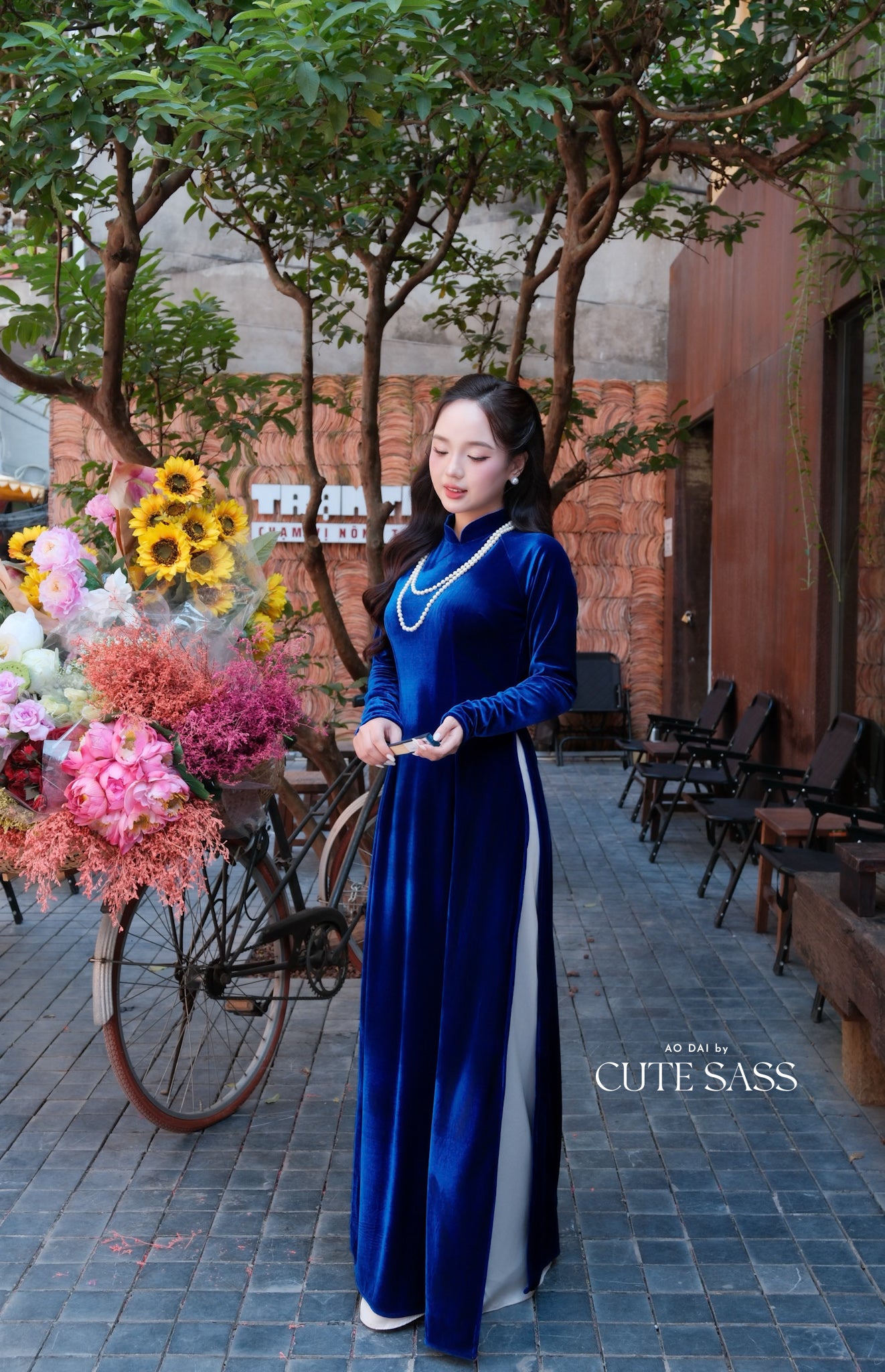 Ink Blue Velvet Plain High Collar Ao Dai Top Only, NO PANTS