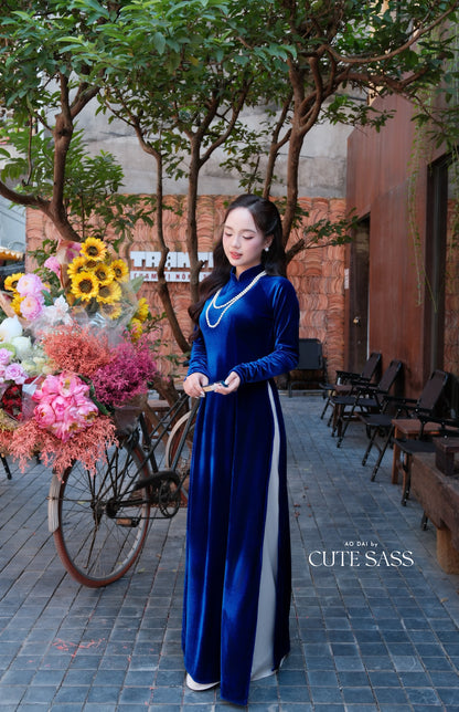 Ink Blue Velvet Plain High Collar Ao Dai Top Only, NO PANTS 45E