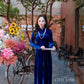 Ink Blue Velvet Plain High Collar Ao Dai Top Only, NO PANTS