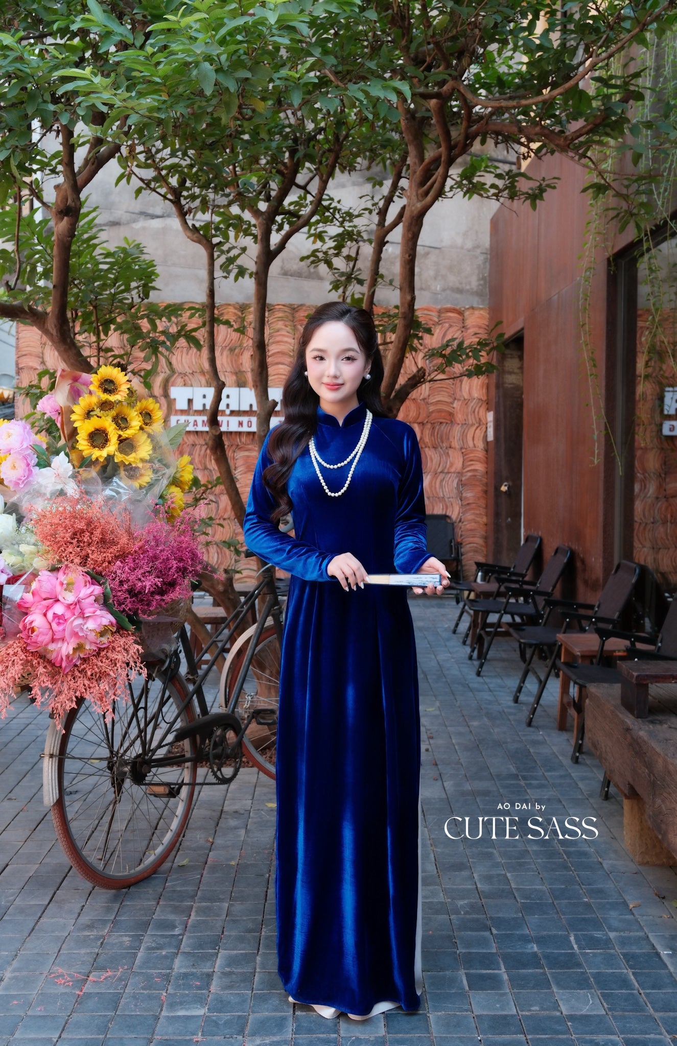 Ink Blue Velvet Plain High Collar Ao Dai Top Only, NO PANTS