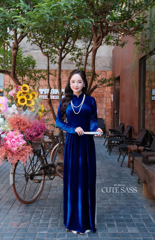 Ink Blue Velvet Plain High Collar Ao Dai Top Only, NO PANTS