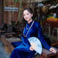 Ink Blue Velvet Plain High Collar Ao Dai Top Only, NO PANTS