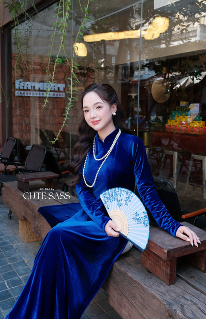 Ink Blue Velvet Plain High Collar Ao Dai Top Only, NO PANTS 45E