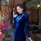 Ink Blue Velvet Plain High Collar Ao Dai Top Only, NO PANTS