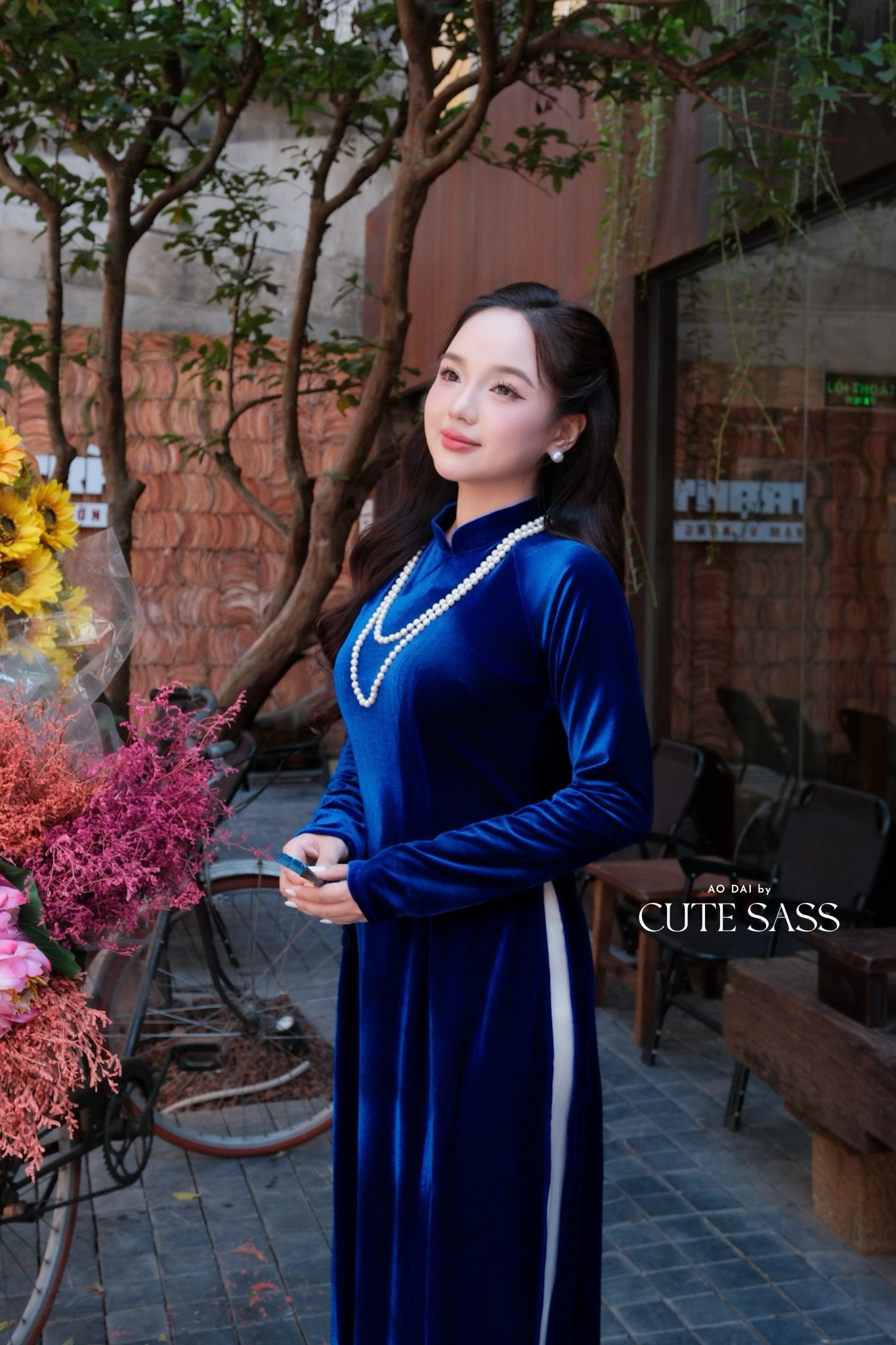 Ink Blue Velvet Plain High Collar Ao Dai Top Only, NO PANTS