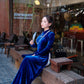 Ink Blue Velvet Plain High Collar Ao Dai Top Only, NO PANTS