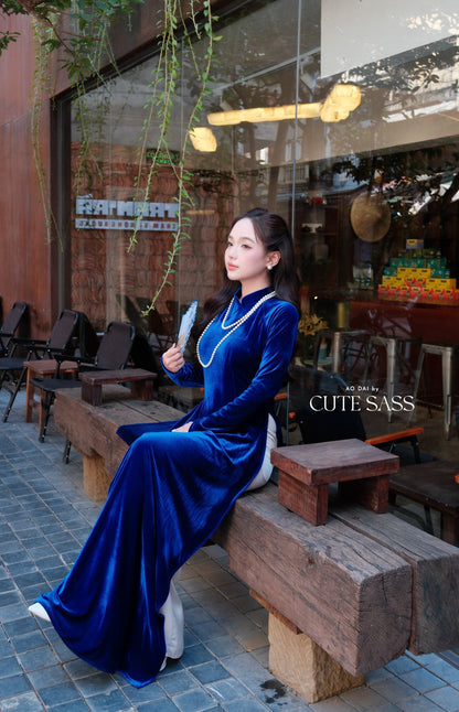 Ink Blue Velvet Plain High Collar Ao Dai Top Only, NO PANTS 45E