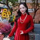 Red Velvet Plain High Collar Ao Dai Top Only, NO PANTS
