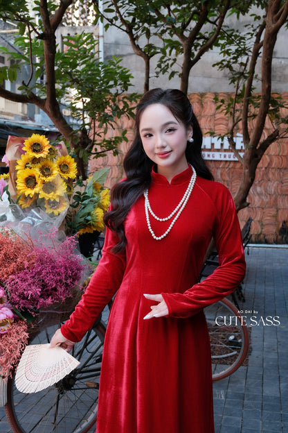 Red Velvet Plain High Collar Ao Dai Top Only, NO PANTS 45-46B
