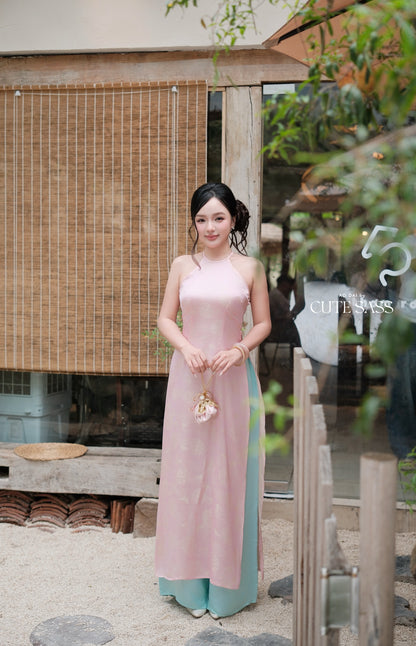 Pink Silk Sleveless Yem-Inspired Ao Dai Top Only, No Pants
