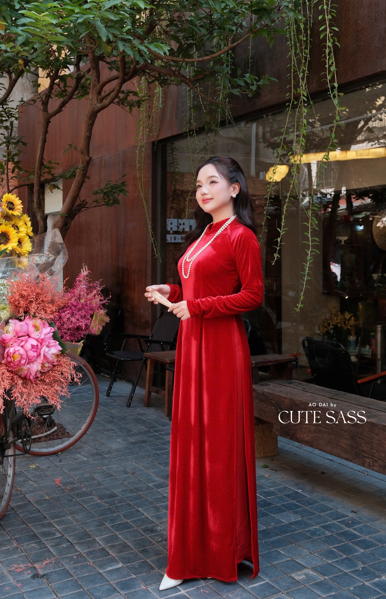 Red Velvet Plain High Collar Ao Dai Top Only, NO PANTS