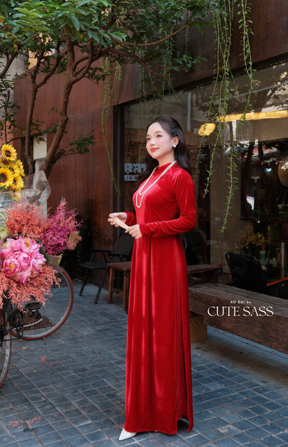 Red Velvet Plain High Collar Ao Dai Top Only, NO PANTS 45-46B