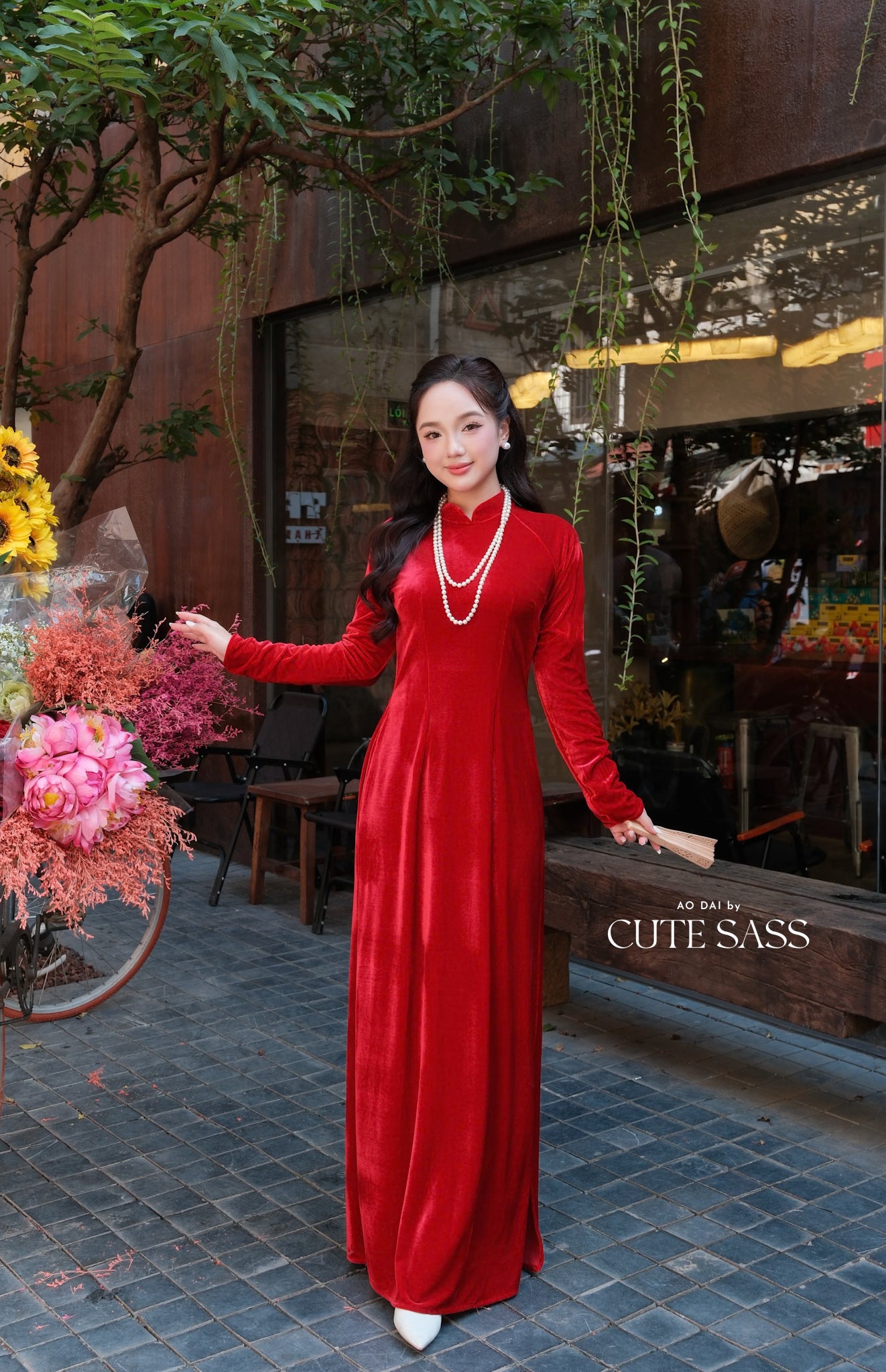 Red Velvet Plain High Collar Ao Dai Top Only, NO PANTS