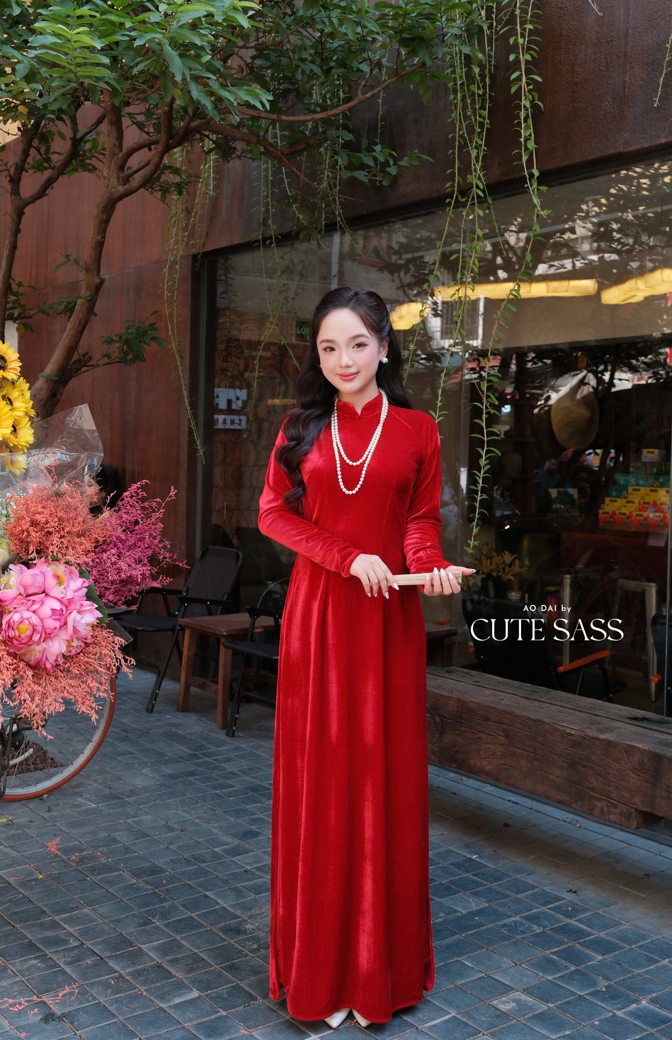 Red Velvet Plain High Collar Ao Dai Top Only, NO PANTS