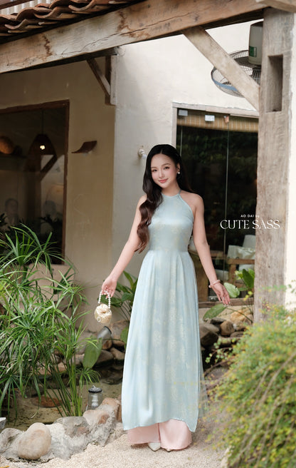 Blue Silk Sleveless Yem-Inspired Ao Dai Top Only, No Pants