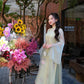 Lâm Anh - Halo Light Green High Collar Embroidery Lotus Koi Slit Sleeves Pearls Ao Dai Top Only, NO PANTS
