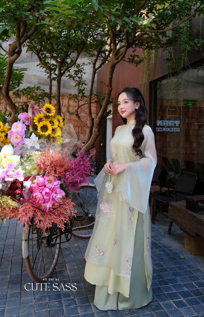 Lâm Anh - Halo Light Green Shifted High Collar Embroidery Lotus Koi Slit Sleeves Pearls Ao Dai Top Only, NO PANTS 35B