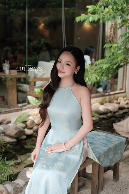 Blue Silk Sleveless Yem-Inspired Ao Dai Top Only, No Pants