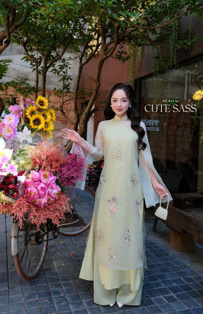 Lâm Anh - Halo Light Green Shifted High Collar Embroidery Lotus Koi Slit Sleeves Pearls Ao Dai Top Only, NO PANTS 35B