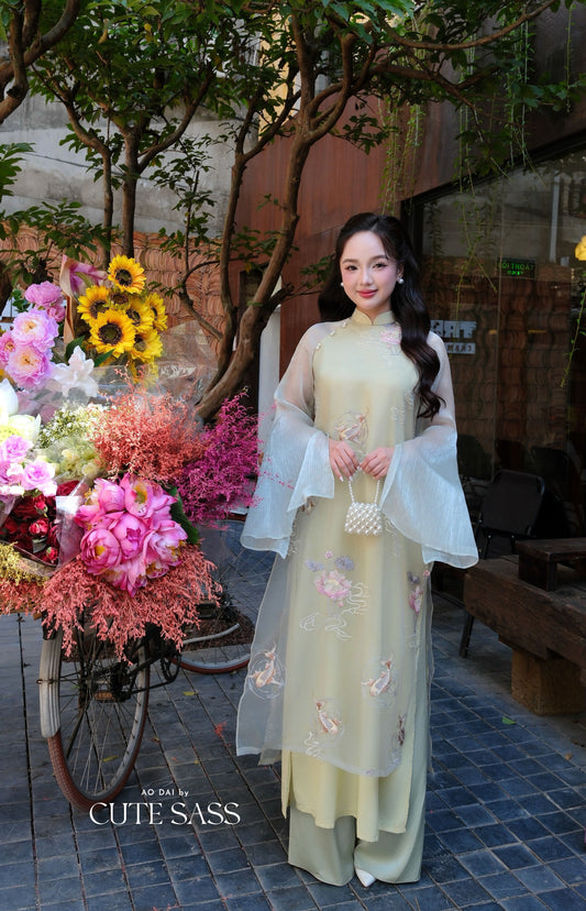 Lâm Anh - Halo Light Green High Collar Embroidery Lotus Koi Slit Sleeves Pearls Ao Dai Top Only, NO PANTS