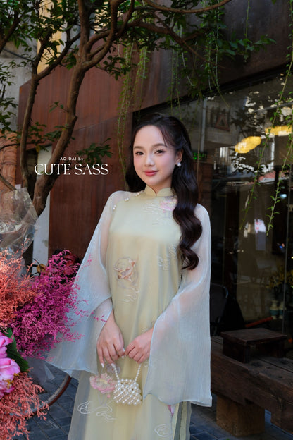 Lâm Anh - Halo Light Green Shifted High Collar Embroidery Lotus Koi Slit Sleeves Pearls Ao Dai Top Only, NO PANTS 35B