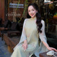 Lâm Anh - Halo Light Green High Collar Embroidery Lotus Koi Slit Sleeves Pearls Ao Dai Top Only, NO PANTS