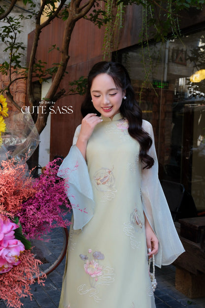 Lâm Anh - Halo Light Green Shifted High Collar Embroidery Lotus Koi Slit Sleeves Pearls Ao Dai Top Only, NO PANTS 35B