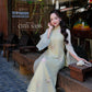 Lâm Anh - Halo Light Green High Collar Embroidery Lotus Koi Slit Sleeves Pearls Ao Dai Top Only, NO PANTS
