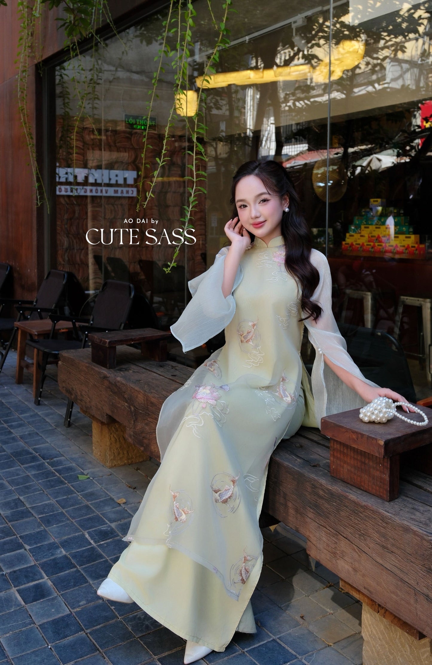 Lâm Anh - Halo Light Green High Collar Embroidery Lotus Koi Slit Sleeves Pearls Ao Dai Top Only, NO PANTS