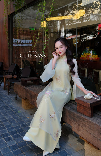 Lâm Anh - Halo Light Green Shifted High Collar Embroidery Lotus Koi Slit Sleeves Pearls Ao Dai Top Only, NO PANTS 35B
