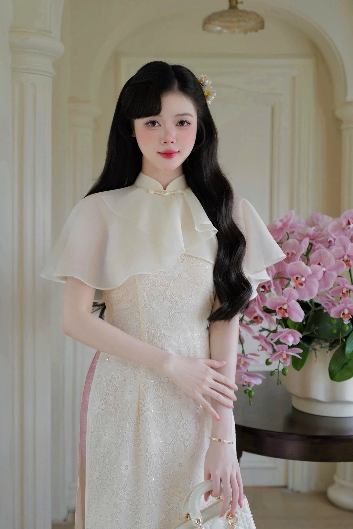 Cream Lace Ao Dai Cape Top Only, No Pants