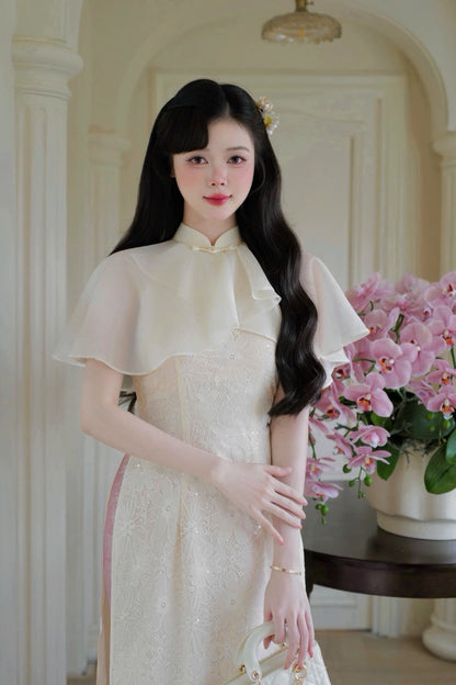 Cream Lace Ao Dai Cape Top Only, No Pants