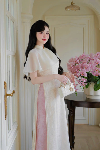 Cream Lace Ao Dai Cape Top Only, No Pants