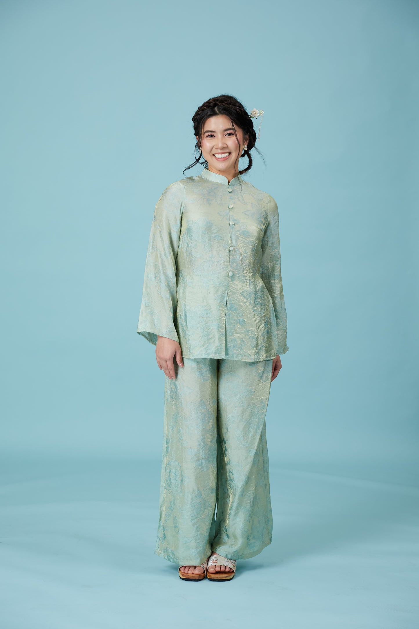 Vân - Shimmery Teal Button High Collar Bà Ba Top Only, No Pants