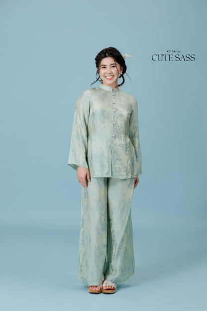 Vân - Shimmery Teal Button High Collar Bà Ba Top Only, No Pants 57C