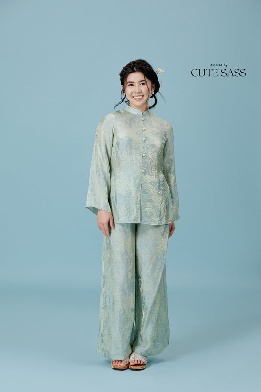 Vân - Shimmery Teal Button High Collar Bà Ba Top Only, No Pants