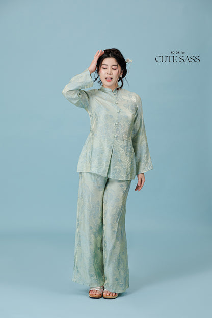 Vân - Shimmery Teal Button High Collar Bà Ba Top Only, No Pants 57C