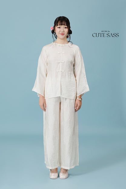 Vân - Cream Bow Knot Round Collar Bà Ba Top Only, No Pants 59C