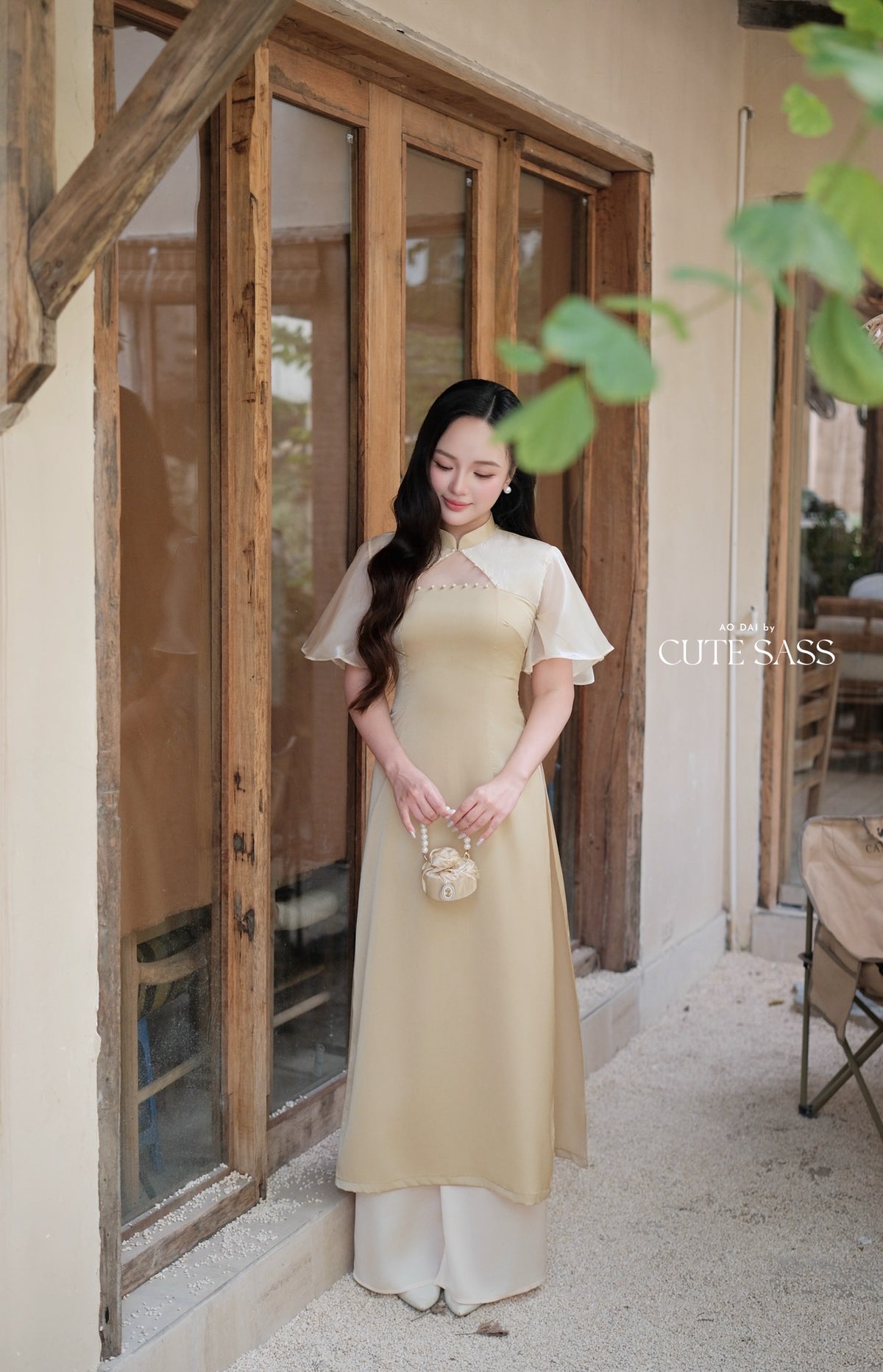Green Pearl Neckline Sheer Wing Sleeves Ao Dai Top Only (NO PANTS)