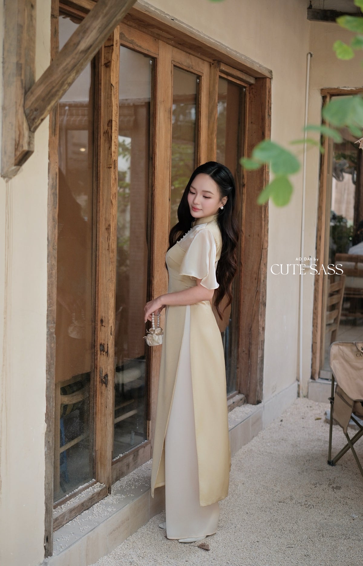 Green Pearl Neckline Sheer Wing Sleeves Ao Dai Top Only (NO PANTS)