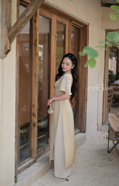 Green Pearl Neckline Sheer Wing Sleeves Ao Dai Top Only (NO PANTS)