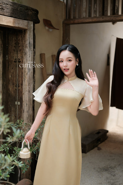 Green Pearl Neckline Sheer Wing Sleeves Ao Dai Top Only (NO PANTS)