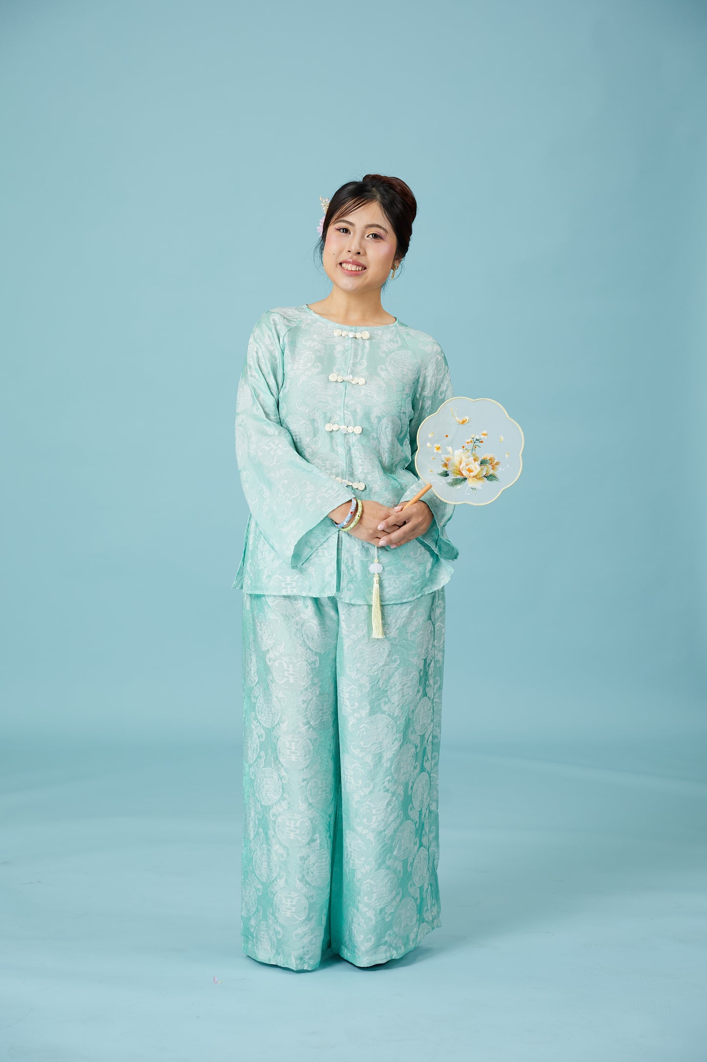 Vân - Teal Bow Knot Round Collar Bà Ba Top Only, No Pants
