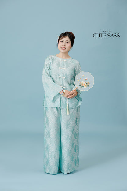 Vân - Teal Bow Knot Round Collar Bà Ba Top Only, No Pants 59C