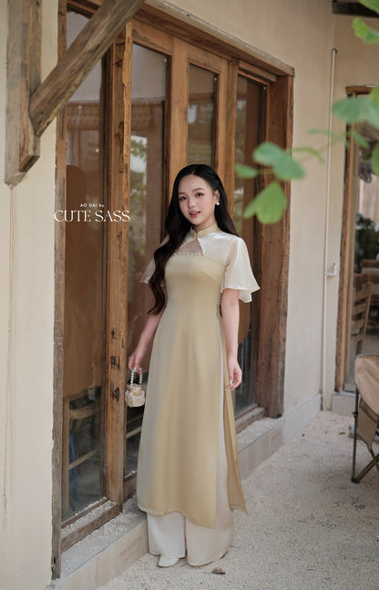 Green Pearl Neckline Sheer Wing Sleeves Ao Dai Top Only (NO PANTS)