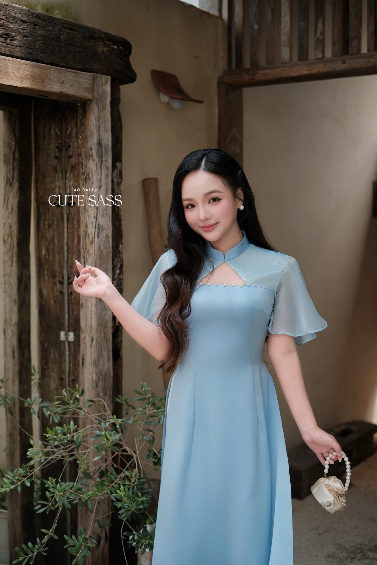 Blue Pearl Neckline Sheer Wing Sleeves Ao Dai Top Only (NO PANTS)