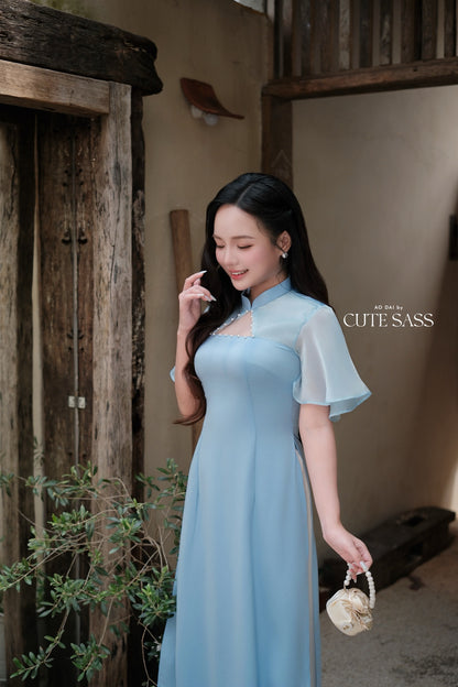 Blue Pearl Neckline Sheer Wing Sleeves Ao Dai Top Only (NO PANTS)