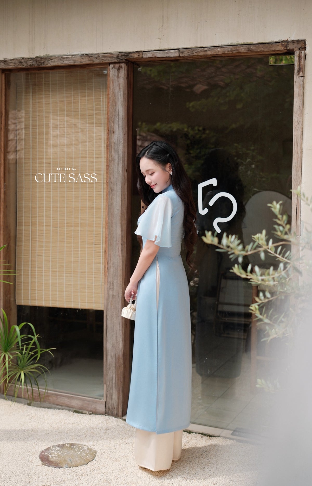 Blue Pearl Neckline Sheer Wing Sleeves Ao Dai Top Only (NO PANTS)