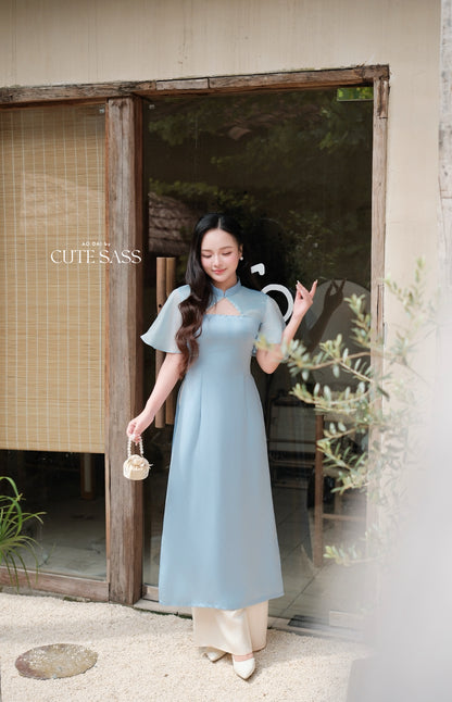 Blue Pearl Neckline Sheer Wing Sleeves Ao Dai Top Only (NO PANTS)